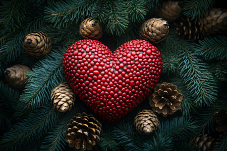 A vibrant red heart-shaped ornament lies nestled among lush evergreen branches and scattered pine cones. this festive arrangement embodies the spirit of christmas, combining traditional holiday symbols in a visually appealing, nature-inspired composition. Generative AIの素材