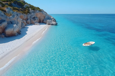 A serene beach scene featuring a small boat floating on crystal-clear turquoise waters beside a secluded coastline. the pristine white sandy beach is bordered by rugged cliffs under a clear blue sky. Generative AIの素材