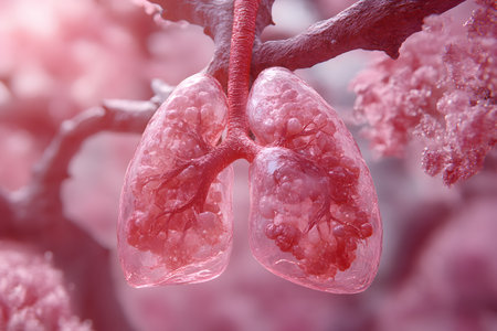 A surreal 3d illustration featuring transparent lungs intertwined with blossoming floral elements. the design uses soft pink hues and organic shapes, symbolizing health, nature, and vitality in a harmonious blend of art and anatomy. Generative AIの素材