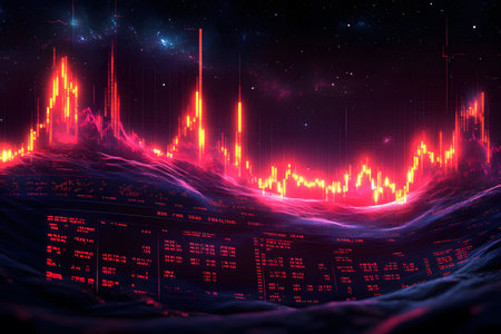 Digital artwork illustrating a futuristic stock market display. bright red graphs and numerical data emerge from a dark background resembling a cosmic scene, themes of technology and finance. Generative AIの素材