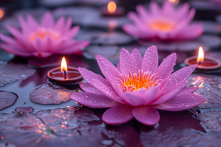 Pink lotus flowers float serenely on a reflective water surface, adorned with dewdrops and illuminated by soft candlelight. this soothing scene evokes a sense of tranquility and meditation, ideal for peaceful settings. Generative AIの素材