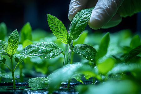 Close-up of a gloved hand tending to vibrant green seedlings in a greenhouse. the scene highlights sustainable agriculture practices, plant growth, and precision in agricultural innovation and technology. Generative AIの素材