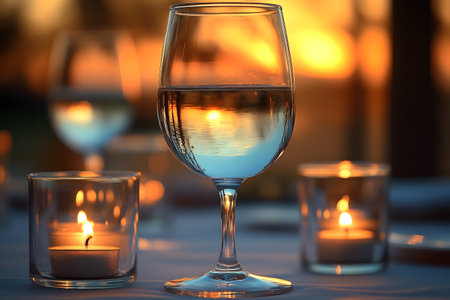 Elegant wine glasses and glowing candles create a romantic ambiance during a sunset dinner. the warm glow and reflections evoke a sense of intimacy, perfect for special occasions and celebrations. Generative AIの素材