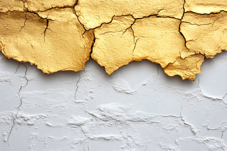 A striking abstract composition featuring a cracked surface with a shimmering golden texture overlay. the juxtaposition of gold against a neutral backdrop offers a modern and sophisticated aesthetic, ideal for artistic and design applications. Generative AIの素材