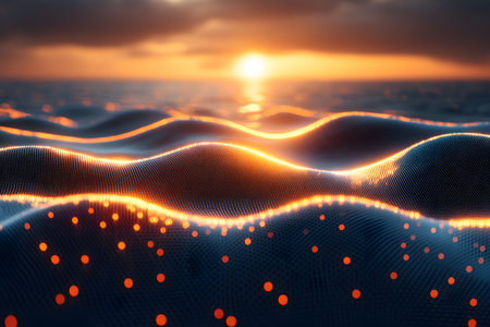 Vibrant abstract scene depicting digital waves bathed in warm sunset light, a futuristic and serene atmosphere. perfect for artistic designs, posters, or backgrounds needing a blend of technology and nature. Generative AIの素材