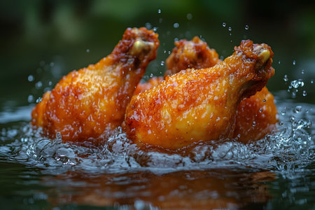 Golden brown fried chicken drumsticks glistening with a crispy coating are captured mid-splash in water, creating dynamic droplets and emphasizing texture. perfect for depicting culinary passion and street food vibrancy. Generative AIの素材
