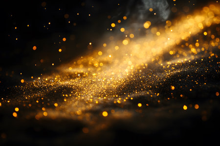 Glittering golden particles scattered across a dark backdrop create a mesmerizing abstract scene. ideal for festive designs, digital artworks, and backgrounds needing a touch of elegance and luxury. Generative AIの素材