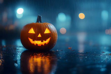A glowing jack-o'-lantern sits on a wet street during a rainy night, casting an eerie light that enhances the mysterious halloween atmosphere. blurred streetlights add depth to the haunting scene. Generative AIの素材