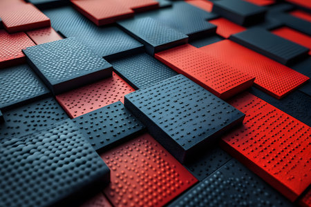 A visually striking abstract pattern featuring red and black geometric shapes arranged in a dynamic, textured layout. this contemporary design is ideal for use as a background or in modern graphic projects, adding depth and interest. Generative AIの素材