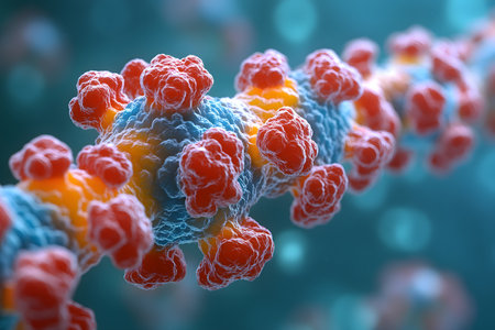 Close-up rendering the intricate, vivid details of a virus structure, showcasing its complex morphology. ideal for educational and scientific publications, illustrating microbiology, virology, or cellular biology. Generative AIの素材