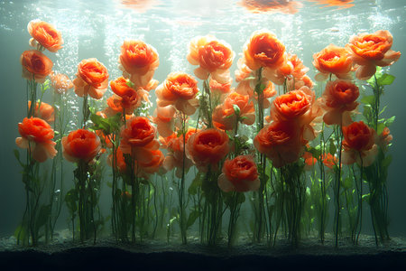 Orange roses submerge in clear water, creating a surreal underwater garden. sunlight filters through, petals and bubbles, capturing beauty and tranquility. ideal for floral-themed art and design. Generative AIの素材