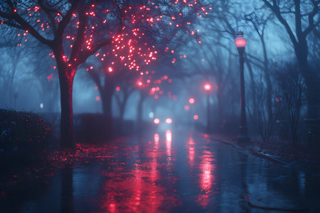 A serene, foggy city street illuminated by glowing red lights, creating a mystical and enchanting atmosphere. wet pavement reflects the soft glow, enhancing the tranquil and mysterious night scene. Generative AIの素材