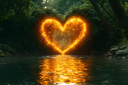 A luminous heart shape glows brilliantly amidst a lush forest setting, casting a warm reflection on the tranquil water below. this captivating scene blends natural beauty with romantic symbolism, ideal for enchanting visuals. Generative AIの素材