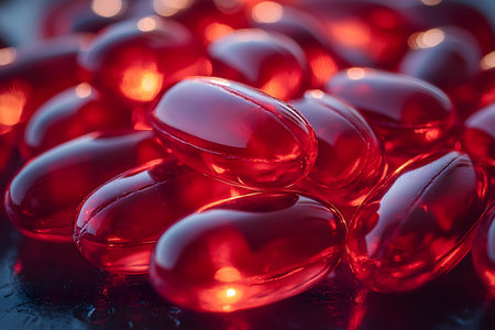 Red gel capsules reflecting light in a close-up arrangement, their glossy texture and translucent quality. ideal for themes related to pharmaceutical products, health supplements, and wellness. Generative AIの素材