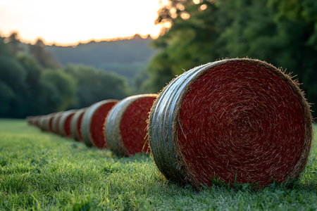 Serenity of a rural setting featuring neatly aligned rows of hay bales on a lush green field. the backdrop of rolling hills and a warm sunset enhances the picturesque countryside ambiance. Generative AIの素材