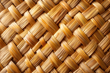 Detailed close-up of a woven basket texture showcasing intricate weaving patterns and a natural color palette. ideal for use in backgrounds, design projects, and art inspiration. highlights the craftsmanship and beauty of traditional weaving techniques. Generative AIの素材
