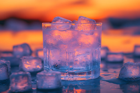 A glass filled with ice cubes sits on a reflective surface during a vibrant sunset, creating a refreshing scene. the colorful sky and surrounding ice emphasize a summer vibe, ideal for cocktail or beverage promotions. Generative AIの素材