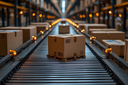 A modern warehouse equipped with an automated conveyor system efficiently processes packages. the scene depicts numerous cardboard boxes on a conveyor belt, logistics and distribution operations under ambient lighting. Generative AIの素材