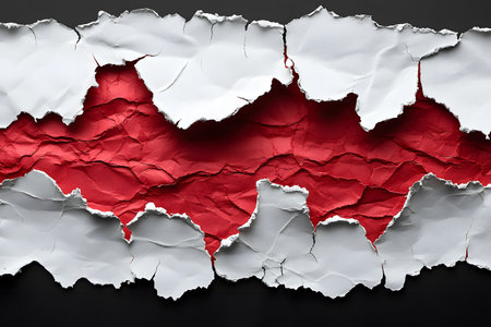 Multilayered torn paper with contrasting red and white textures creating a dramatic and visually striking abstract composition. ideal for use in creative design projects, backgrounds, and modern art themes. Generative AIの素材
