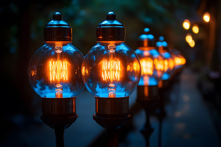 A row of vintage street lamps emits a warm glow along a peaceful path during twilight. the soft light creates a calming atmosphere, accentuating the intricate glass and metalwork of the lamp design. Generative AIの素材