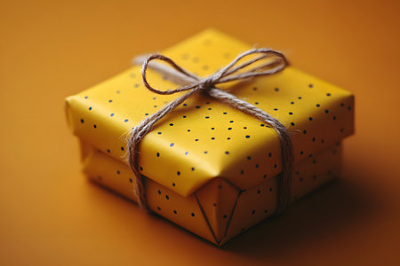 Yellow gift box adorned with black polka dots, elegantly tied with a rustic twine bow. ideal for birthdays, holidays, or special occasions, offering a cheerful and festive presentation for gifts. Generative AIの素材