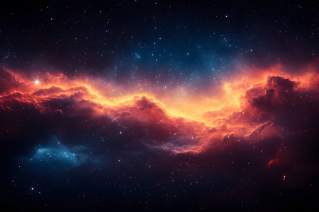 Vivid depiction of a cosmic nebula with striking colors of red, orange, and blue against a star-filled backdrop. captures the awe-inspiring beauty and vastness of deep space, ideal for astronomy and science-themed designs. Generative AIの素材