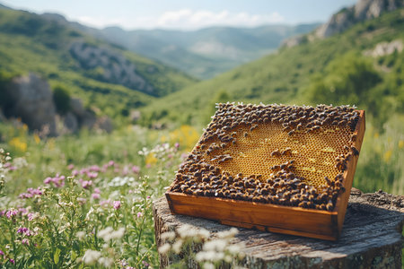 Honeycomb covered with bees rests on a tree stump amidst a vibrant, lush mountain landscape. the scene highlights the natural beauty of beekeeping and the harmony between bees and their environment in the wild. Generative AIの素材