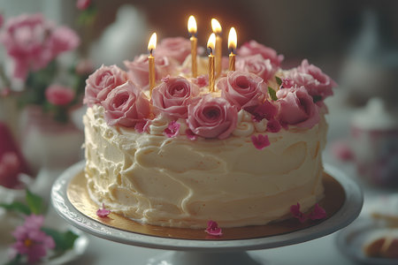 A beautifully crafted birthday cake adorned with pink roses and lit candles, set against a soft floral background. perfect for celebrations, adding a touch of elegance and charm to any special occasion. Generative AIの素材