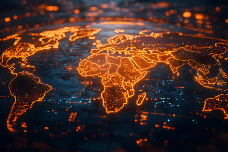 A digital representation of a world map featuring interconnected glowing lines, symbolizing global communication and technology networks. the illuminated map highlights continents, illustrating connectivity and technological advancement. Generative AIの素材