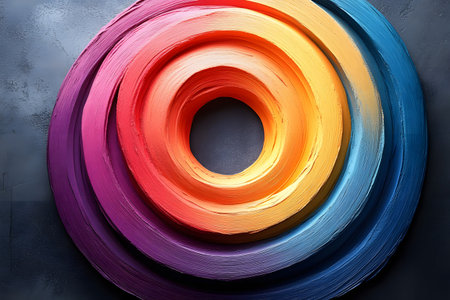 Vivid, textured spiral artwork featuring vibrant layers of rainbow colors on a dark background. perfect for contemporary art enthusiasts, enhancing interiors with bold color and dynamic composition. ideal for posters, prints, or digital designs. Generative AIの素材