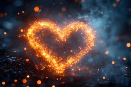 A vibrant heart shape formed by fiery sparks radiates warmth and passion amidst a dark, smoky background. perfect for romantic themes, valentine's day designs, or fire-related concepts in print and digital media. Generative AIの素材