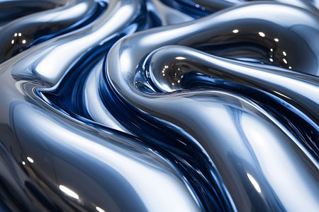 Explore the interplay of fluid dynamics with this abstract representation of metallic waves in blue and silver tones. perfect for contemporary design elements, showcasing a sleek and reflective surface that suggests movement and luxury. Generative AIの素材