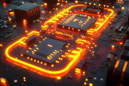 Close-up view of a circuit board illuminated with neon orange lights, showcasing intricate details and sophisticated electronic components. ideal for technology themes, futuristic visuals, and electronics design concepts. Generative AIの素材