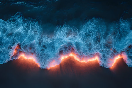A stunning aerial perspective of ocean waves illuminated by the warm glow of a setting sun. the vibrant contrast between the cool blue water and fiery crests creates a captivating and dramatic seascape. Generative AIの素材