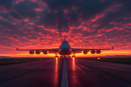 A captivating scene featuring a large airliner on a runway with a striking red-orange sunset in the background. the silhouette of the aircraft against the dramatic sky highlights themes of travel, exploration, and aviation. Generative AIの素材