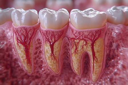 Intricate 3d illustration showcasing cross-sections of human teeth, the structure and blood vessels. ideal for educational purposes, dental presentations, and research materials focusing on oral health and anatomy. Generative AIの素材