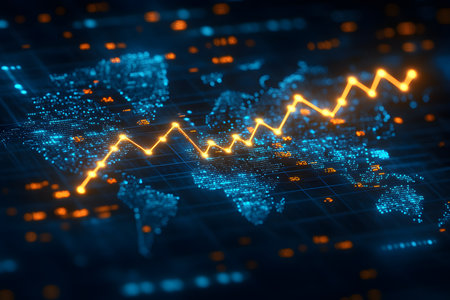 A digital world map overlaid with glowing financial graphs and data points, illustrating global market trends. the vibrant colors and dynamic lines convey movement and growth in financial markets. Generative AIの素材