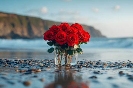 Vibrant red roses in a glass vase sit on a pebbled beach, washed by gentle waves under a sunset sky. the scenic backdrop features cliffs, creating a romantic and serene coastal atmosphere perfect for celebrations or nature lovers. Generative AIの素材