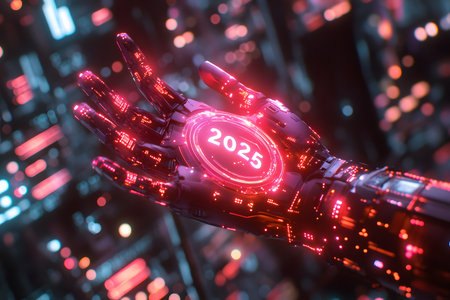 Futuristic cybernetic hand displaying the year 2025, representing technology advancements, cyber innovation, and digital transformation. highlighting the integration of human and machine, this imagery is ideal for tech-oriented content. Generative AIの素材