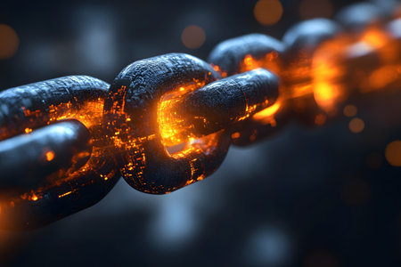 Close-up of illuminated chain links glowing with intense light and digital textures, representing strength, connection, and the digital network. ideal for concepts involving technology, security, and innovation. Generative AIの素材
