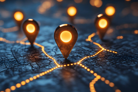 Glowing navigation pins on a digital map represent modern gps technology and location tracking. the warm lighting highlights the network of roads, symbolizing connectivity and data navigation in a digital world. Generative AIの素材