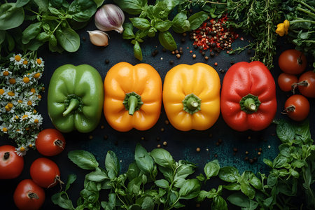 Four colorful bell peppers in green, yellow, and red are arranged with fresh herbs like basil and thyme, surrounded by tomatoes, garlic, and peppercorns. ideal for culinary-themed designs and healthy cooking inspiration. Generative AIの素材