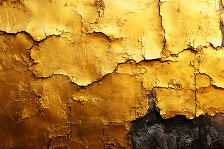 A striking abstract composition featuring a wall with distressed gold and black paint. the peeling texture creates an intriguing visual effect, ideal for backgrounds, artistic designs, and creative projects. Generative AIの素材