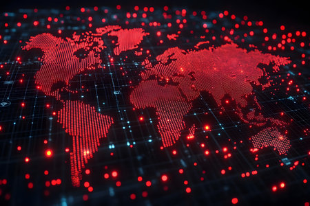 A striking digital representation of a world map, highlighted by red light accents on a dark grid background. the image conveys themes of global connectivity, digital networks, and advanced technology, suitable for illustrating modern data communication concepts. Generative AIの素材