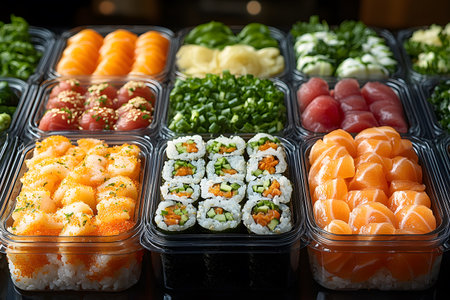 A vibrant assortment of fresh sushi, featuring rolls and nigiri meticulously arranged in clear containers. highlighting the variety, textures, and rich colors of salmon, tuna, and green garnishes, perfect for culinary displays and dining inspiration. Generative AIの素材