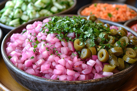 A colorful display of chopped salad ingredients featuring vibrant pink onions, spicy jalapenos, and fresh green herbs. the background showcases additional bowls with diced cucumbers and carrots, emphasizing a variety of fresh, healthy elements ideal for culinary presentations. Generative AIの素材