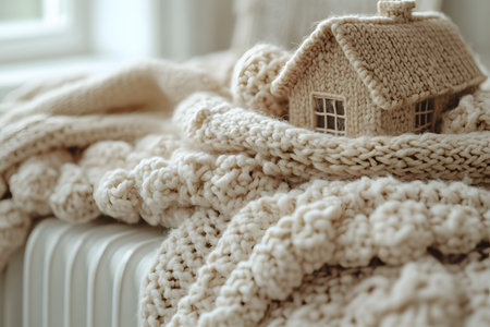A small model house nestled within plush knitted blankets creates a warm and inviting winter scene. the use of soft, neutral tones enhances the cozy atmosphere, making it ideal for home decor and seasonal inspiration. Generative AIの素材
