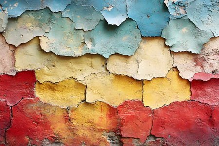 Cracked and peeling layers of paint reveal a vibrant array of colors on an aging wall. the irregular patterns and varied hues create an abstract design ideal for artistic backgrounds or textured displays. Generative AIの素材