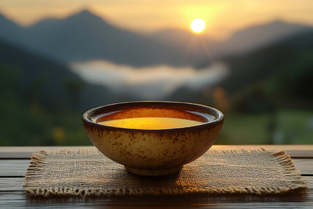 A serene mountainscape at sunrise with a rustic bowl of tea on a woven mat. warm golden light reflects off the tea, creating a peaceful ambiance perfect for relaxation and mindfulness. Generative AIの素材