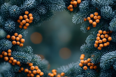 A beautiful holiday wreath featuring lush pine branches adorned with vibrant orange berries, creating a festive and elegant design. ideal for seasonal decorations, greeting cards, or enhancing a cozy winter atmosphere. Generative AIの素材